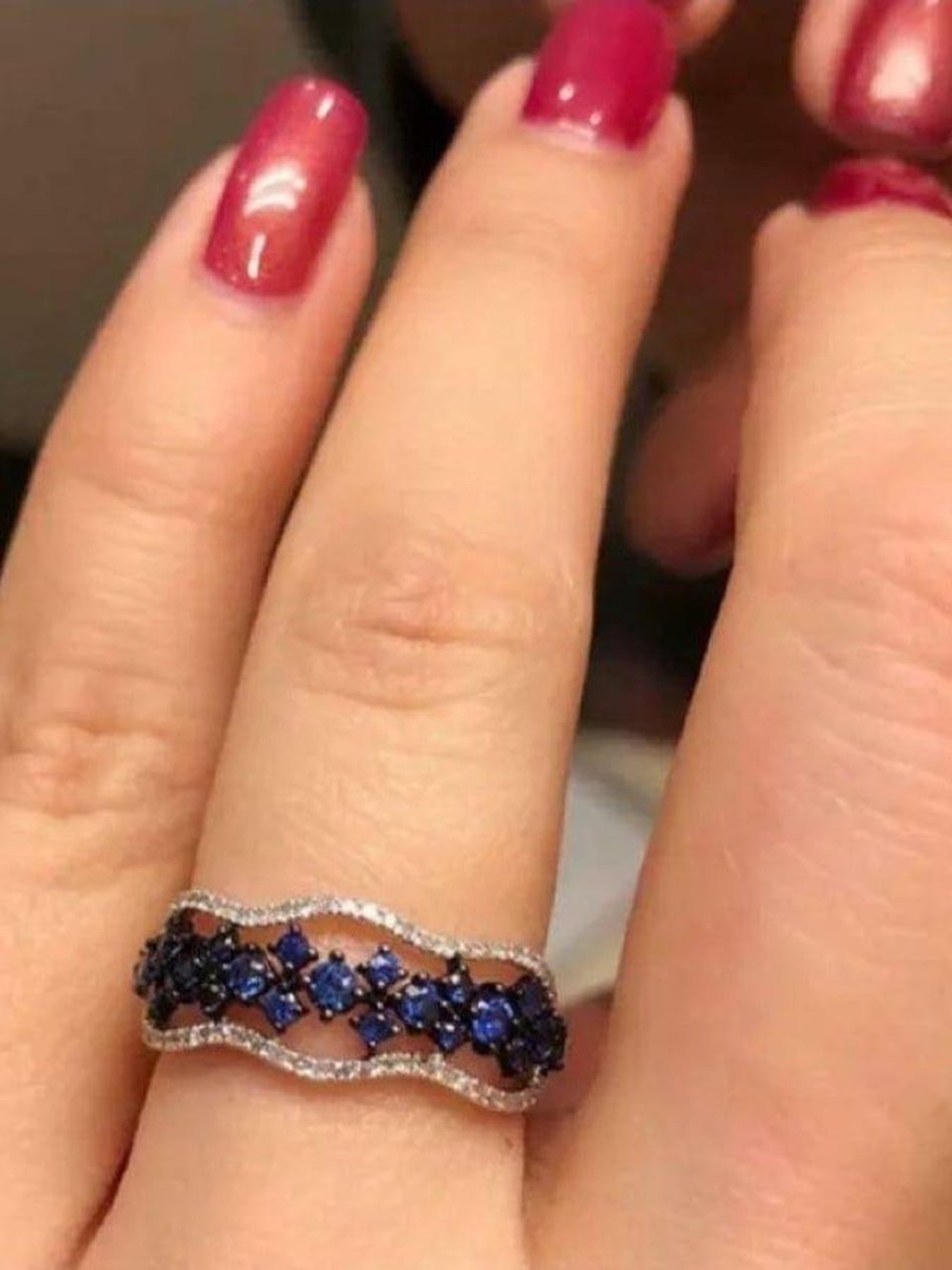 Farah Jewelry Deep Blue Sapphire Wavy Pavé Ring